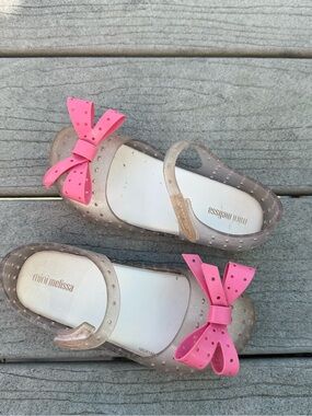Mini Melissa Glitter Taupe Jelly Flats with Pink Bow size 12c